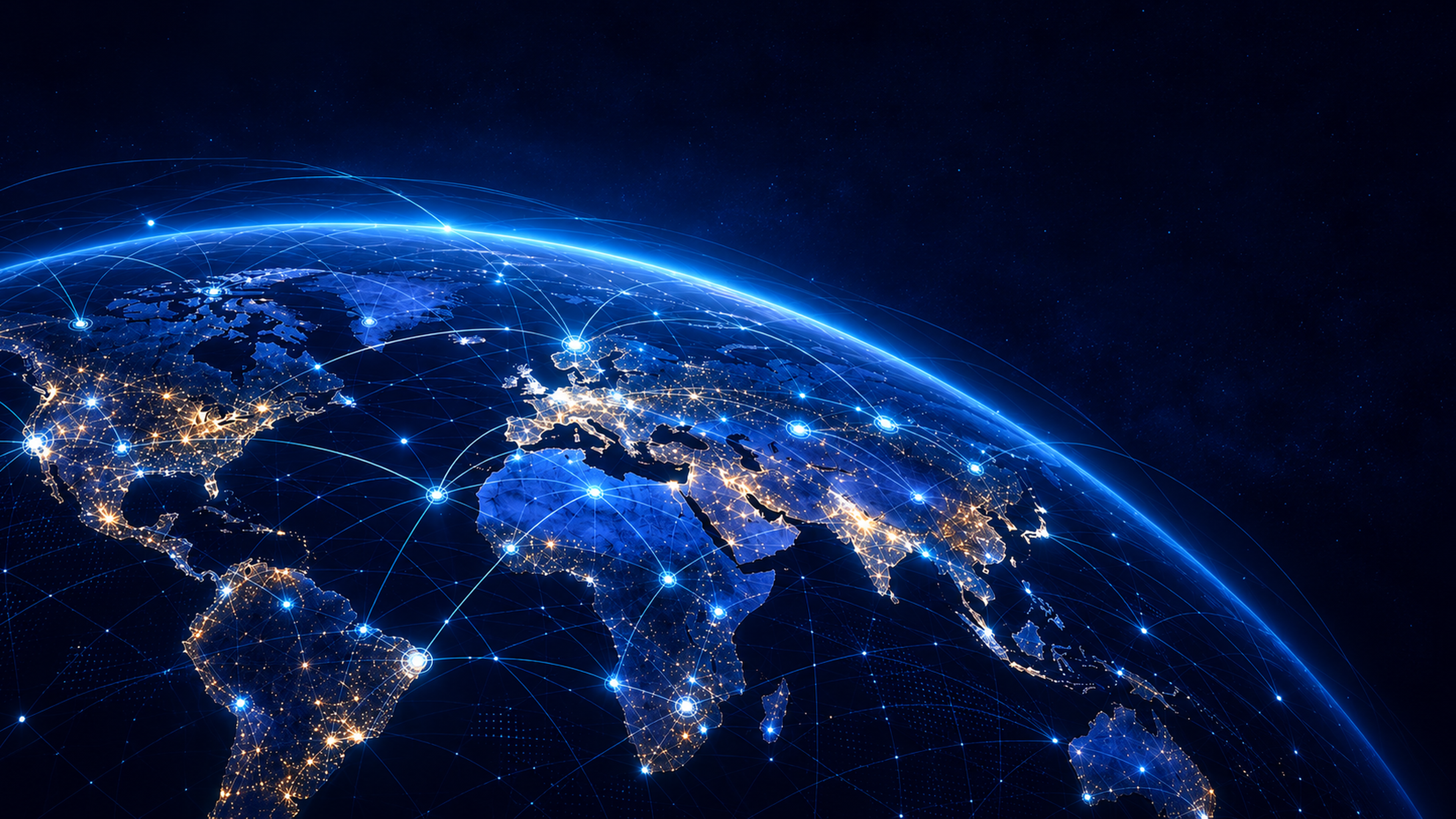 Earth at night illuminated by a network of connected cities